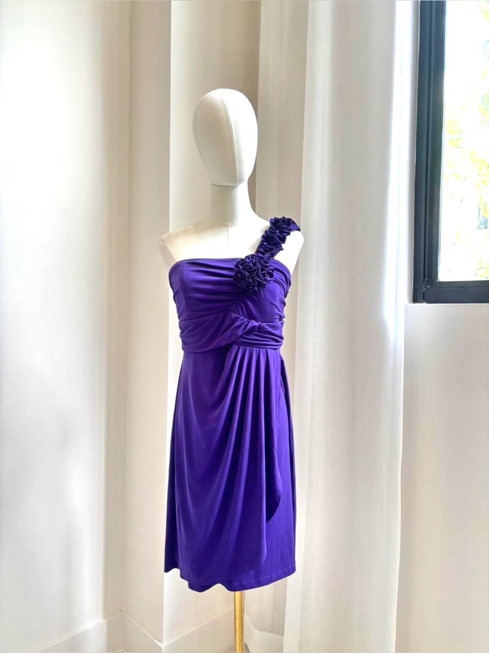 Enfocus Studio One-Shoulder Purple Cocktail Dress with Floral Strap